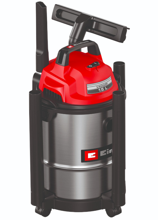 Priemyselný vysávač Einhell Classic TC-VC 1540 S, 2347405 červený Einhell Classic TC-VC 1540 S s integrovanými držiakmi na uloženie trubíc a príslušenstva na tele vysávača