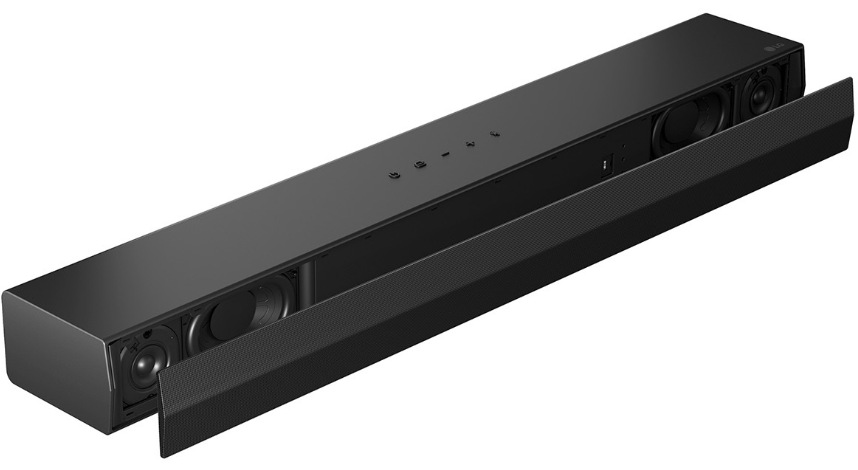 Soundbar LG S20A s odkrytým predným panelom zobrazujúcim vnútorné reproduktory