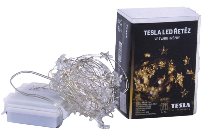 Vianočné osvetlenie Tesla Lightning dekoratívna nano reťaz hviezda, 50 LED, 5 m +30 cm, 3x AA batérie, časovač, IP44