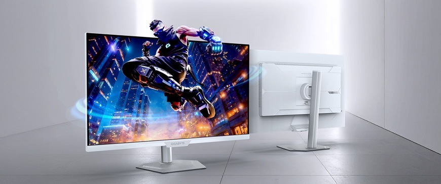 Herný monitor GIGABYTE M27UP-ICE biely Detail obrázku monitora s 3D ilustráciou na obrazovke.