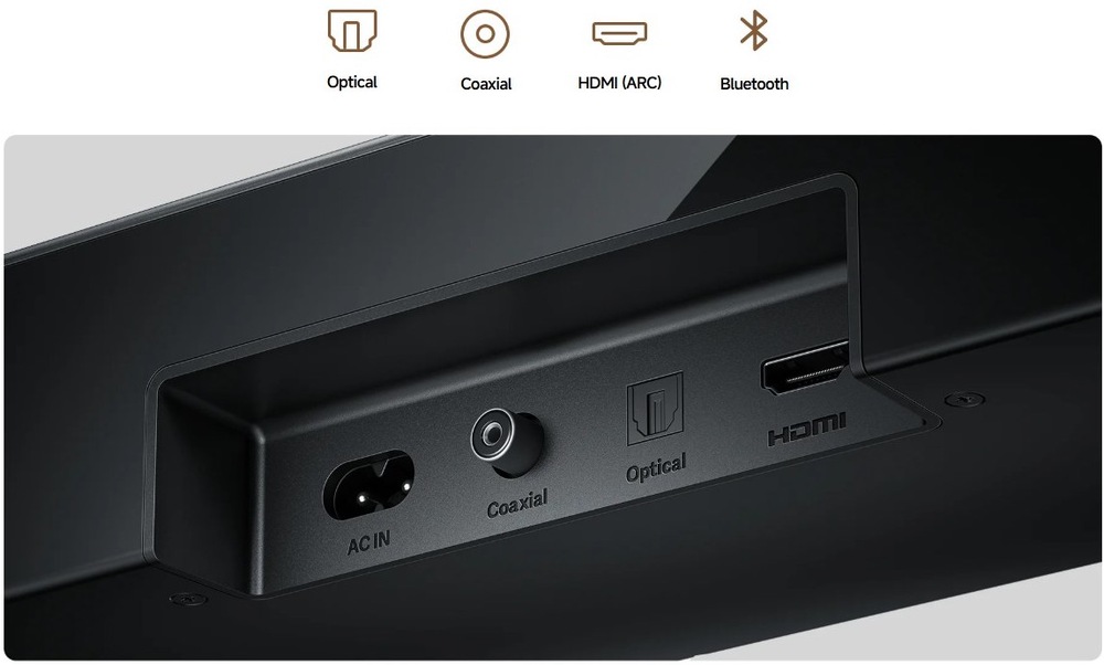 Soundbar Xiaomi PRO 2.1 ch čierny Detail zadného panelu soundbaru Xiaomi PRO 2.1 ch s portami HDMI ARC, optickým a koaxiálnym vstupom