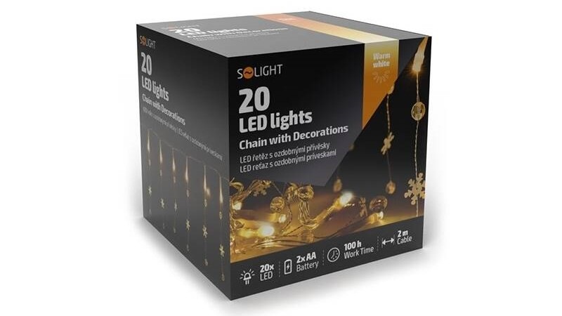 Vianočné osvetlenie Solight reťaz s ozdobnými príveskami 20LED, 2m, 2x AA
