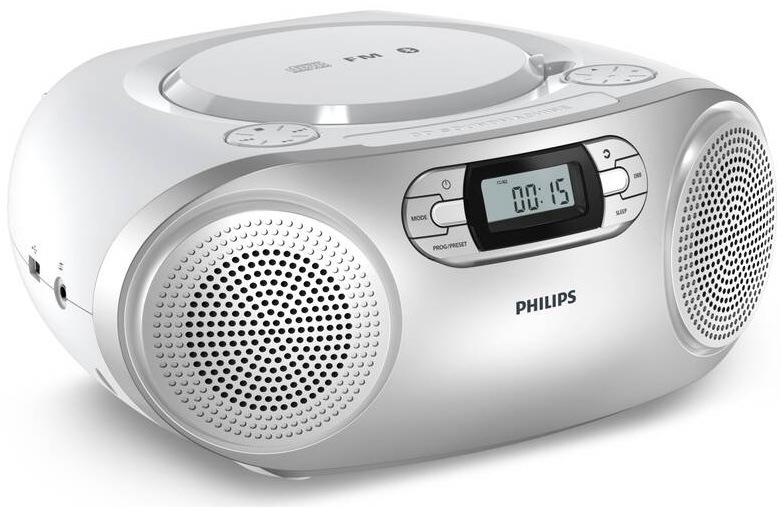 Rádioprijímač s CD Philips TAZ2000S strieborný Pohľad zboku na strieborný boombox Philips TAZ2000 s horným vkladaním disku a postrannými konektormi