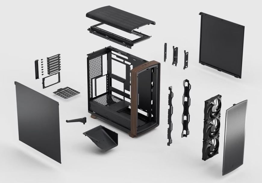 Case FRACTAL DESIGN Summit Black Solid čierna Rozložená konštrukcia skrine FRACTAL DESIGN Summit Black Solid s panelmi, ventilátormi, držiakmi a filtrami