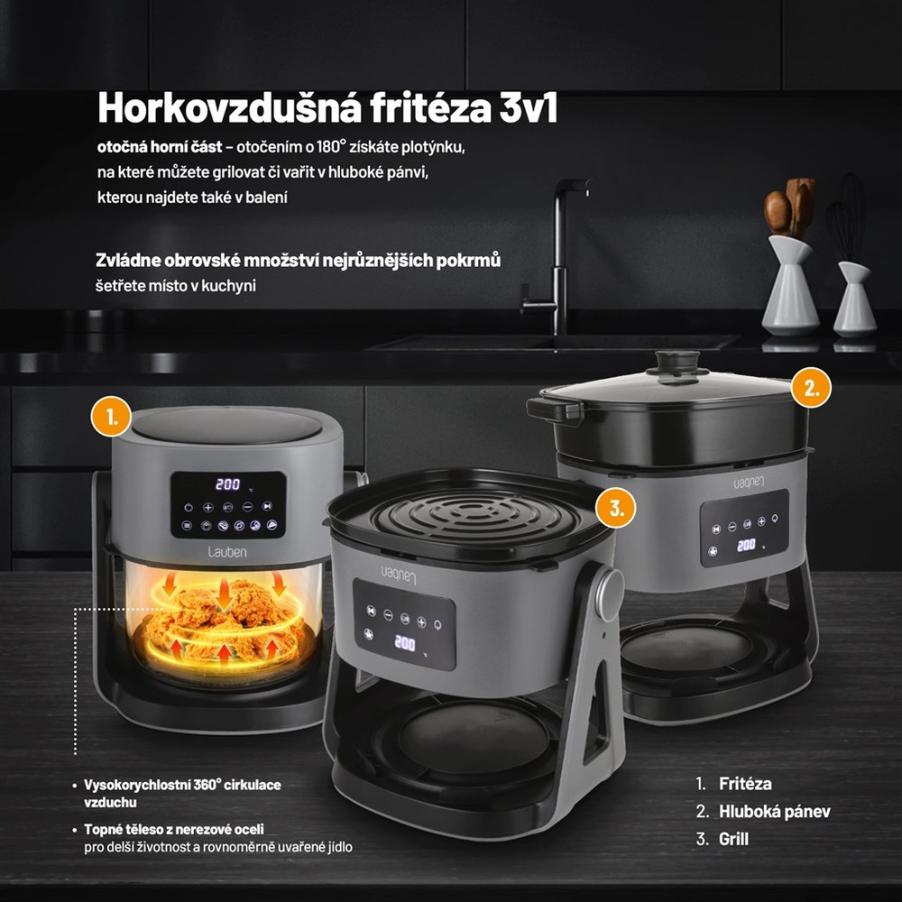 Fritéza teplovzdušná Lauben Glass&Grill Air Fryer 3in1 5500BG sivá Fritéza teplovzdušná Lauben Glass&Grill Air Fryer 3in1 5500BG sivá