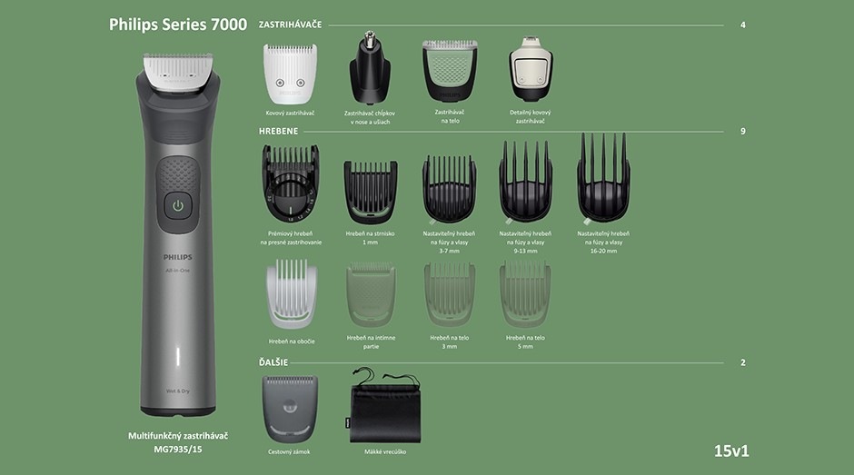 Zastrihávač multifunkčný Philips Series 7000 MG7935/15 sivý Multifunkčný zastrihávač Philips MG7935/15 Series 7000 vrátane vymeniteľných nástavcov
