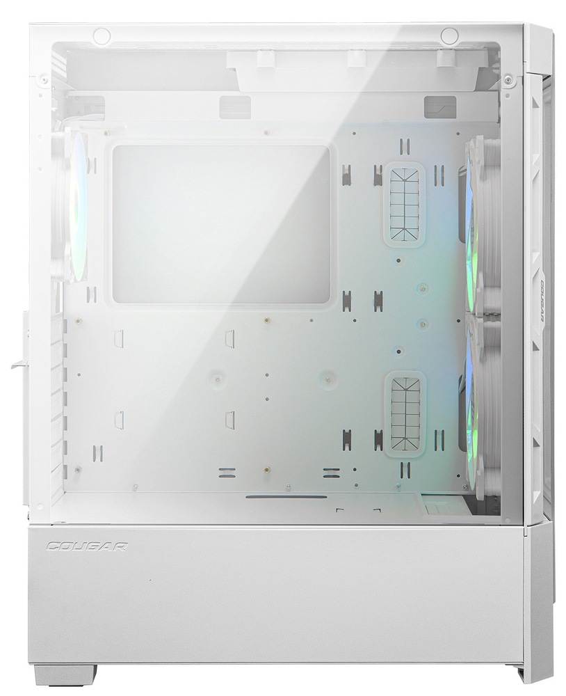 Case Cougar DUOFACE RGB biela Pohľad z boku do prázdnej PC skrine cez sklenenú bočnicu. Ilustruje veľký vnútorný priestor.