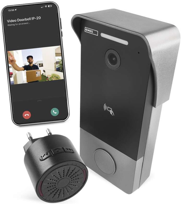 Videozvonček EMOS GOSMART IP-20PoE sivý Chytrý videozvonček EMOS GoSmart IP-20 a smartphone s mobilnou aplikáciou a RFID čipy
