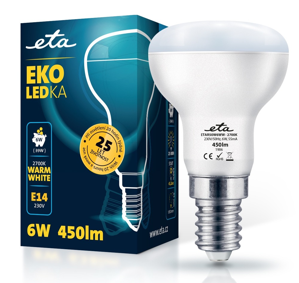 Úsporná reflektorová LED žiarovka ETA EKO LEDka s päticou E14, príkonom 6W a svetelným tokom 450 lm vo farbe teplá biela (2700K), zobrazená vedľa predajnej škatuľky