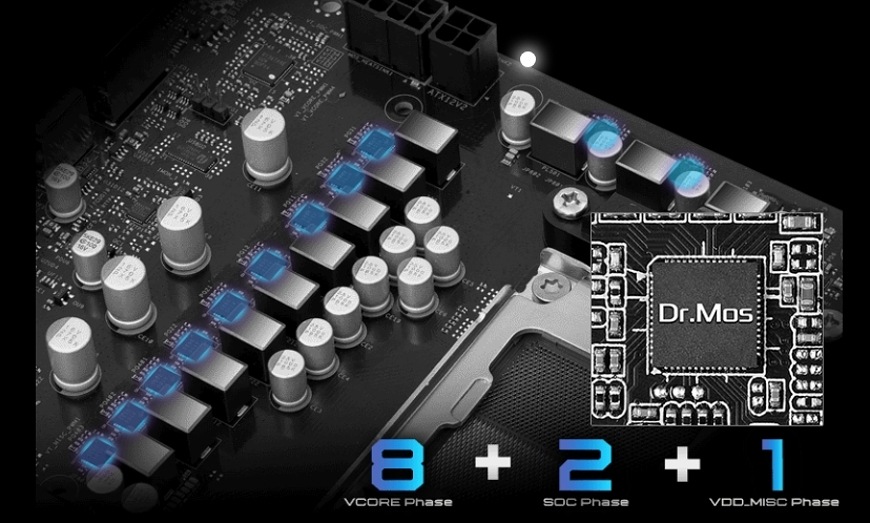 Detail napájacej kaskády Dr.MOS pri základnej doske ASRock B850M Pro RS pre stabilný chod procesora