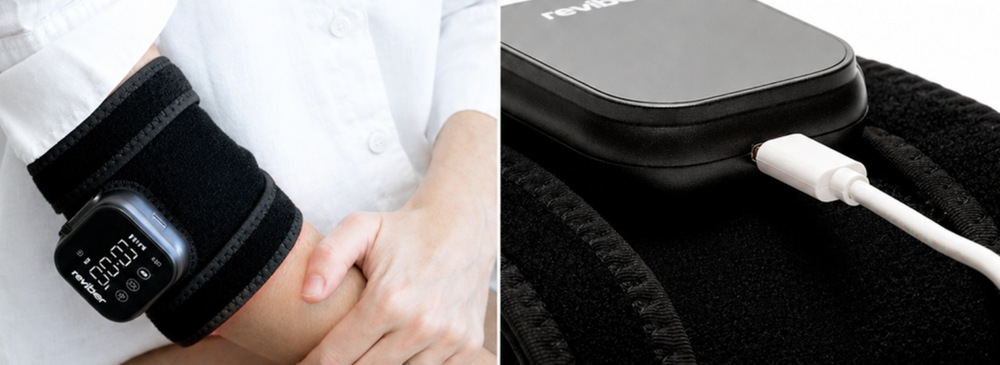 Masážny prístroj Reviber Zen Physio LED na paži a detail pripojeného USB-C kábla