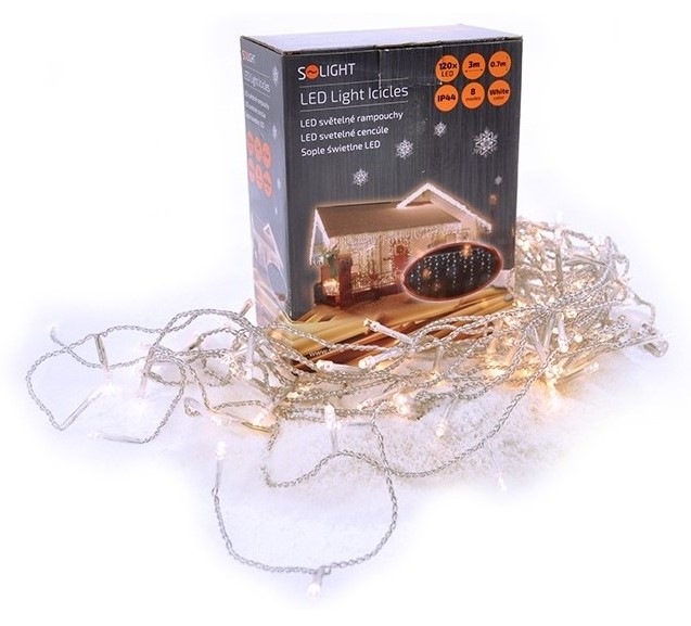 Vianočné osvetlenie Solight záves - cencúle, 120 LED, 3m x 0,7m + 6m, vonkajšie, teplá biela