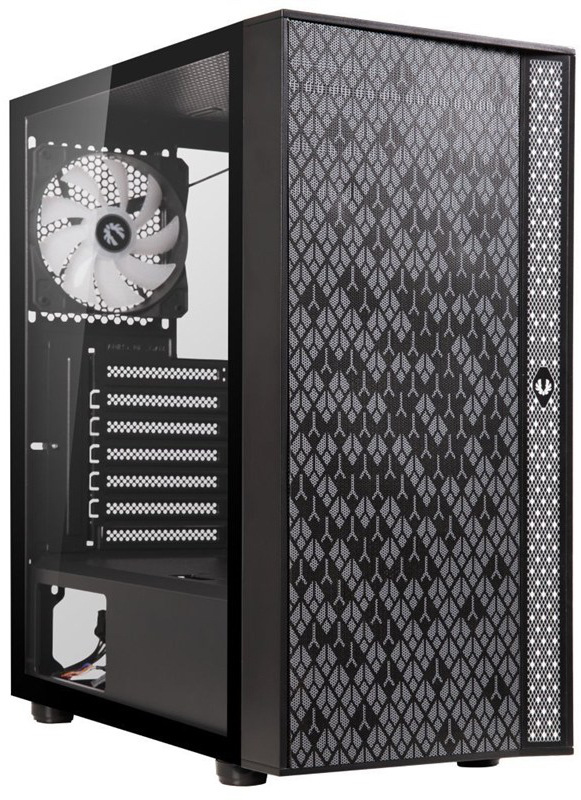 Case BitFenix Light čierna Pohľad na PC skriňa cez ľavý predný roh. Vidíme prednú mriežku s dekoráciou a pohľad cez sklenenú bočnicu dovnútra skrine. Ďalej vidíme na zadnej stene ventilátor a mriežku na priechod vzduchu.