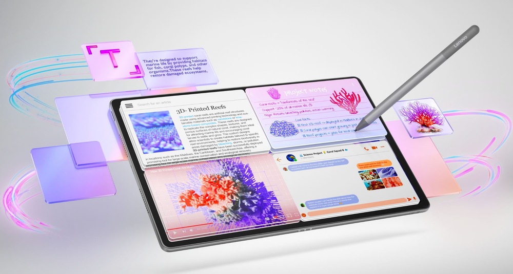 Tablet Lenovo Idea Tab Plus 8 GB / 256 GB + dokovací klávesnice a dotykové pero sivý Dotykový tablet Lenovo Idea Tab Plus s dotykovým perom pri práci s obsahom