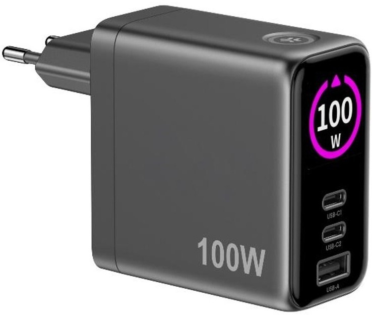 Cestovná nabíjačka Celly 2x USB-C/USB-A s technológiou GaN, LCD displejom a 100W výkonom