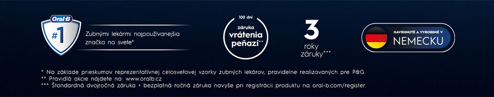 Zubná kefka Oral-B iO Series 3 iO3 Black Reklamný banner Oral‑B, ktorý zvýrazňuje zubármi odporúčanú značku a ponúkané záruky.