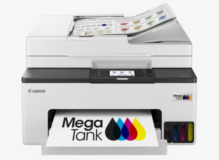 Tlačiareň Canon MAXIFY s logom technológie MegaTank a automatickým podávačom ADF.