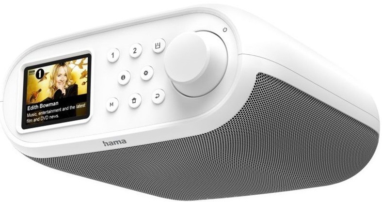 Internetové rádio Hama DIR400, biela farba, s farebným displejom a otočným ovládačom.