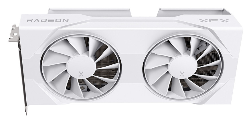 Grafická karta XFX Swift White AMD Radeon RX 9060 XT OC 8GB GDDR6 Dual Fan Gaming Edition Šikmý predný pohľad na XFX Radeon RX 9060 XT OC s dvojitým chladením a minimalistickým čiernym designom
