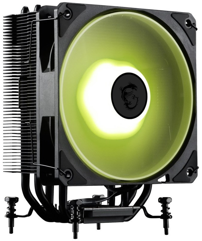Na obrázku je vežový chladič procesora MSI MAG CoreFrozr AA13. Tvorí ho čierny kovový pasív s hustými rebrami a spredu veľký ventilátor so zelenožltým podsvietením. V spodnej časti sú vidieť čierne heatpipe a montážne prvky na upevnenie na základnú dosku. Celý chladič pôsobí robustne a výkonne.