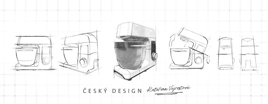 Kuchynský robot ETA Kuliner II Vario 2038 90020 titánová farba Technický výkres a dizajnový návrh robota ETA Gratus Kuliner II Vario od českej dizajnérky Kataríny Vejrastovej. Zostava skíc zachytáva estetiku, tvarovanie a funkčné detaily celokovového tela