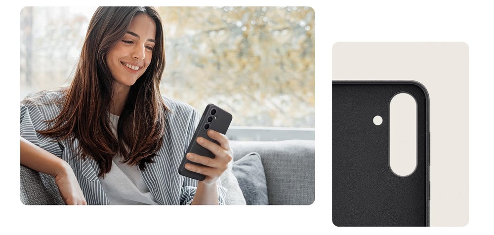 Kryt na mobil Samsung Kindsuit na Galaxy S25 FE čierny Kryt na mobilný telefón Samsung Galaxy S25 FE - čierny - žena držiaca telefón s krytom a obrázok detailu výrezu na fotoaparát v kryte