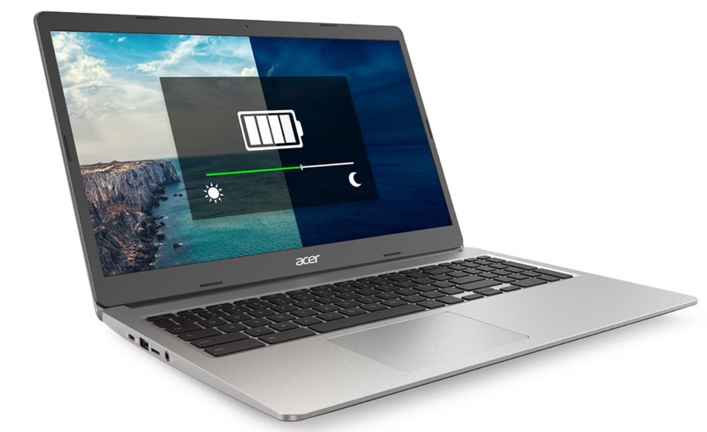 Notebook Acer Chromebook 315 (CB315-6H-34GY) strieborný Notebook Acer Chromebook 315 zapnutý zobrazujúci ikonku batérie