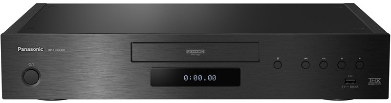 Čierny Blu-ray prehrávač Panasonic DP-UB9000AG1 s displejom a predným panelom