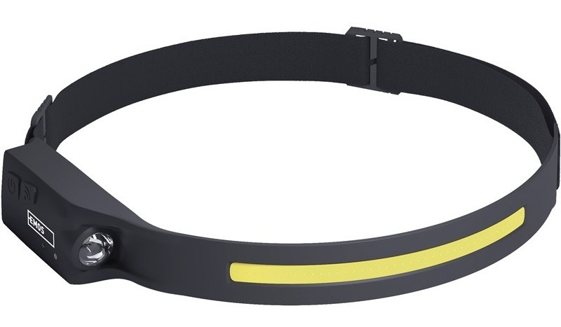 Čelovka EMOS COB LED nabíjací, 380 lm, 30 m, Li-Pol 1200 mAh čierna