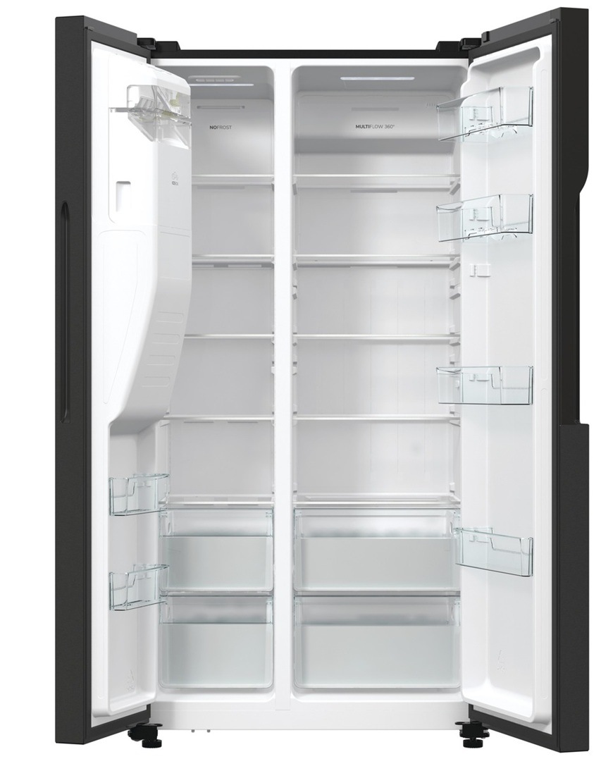Americká chladnička Gorenje G800 NRR9185ESBXL1 Inoxlook Americká chladnička Gorenje NRR9185ESBXL1 v čiernom prevedení má plne otvorené dvierka.