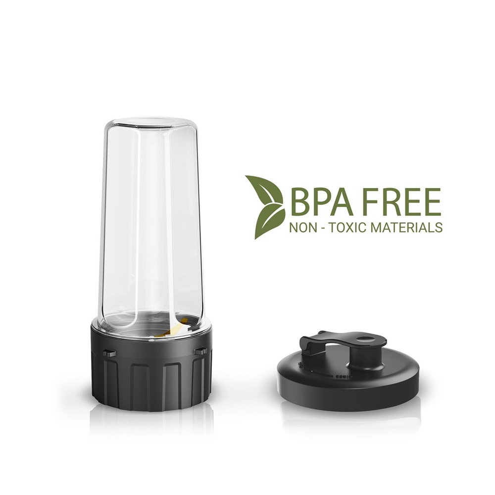 Mixovacia fľaša k stolnému mixéru Rohnson R-5348, vedľa fľaše leží viečko, hore je nápis BPA FREE non-toxic materials