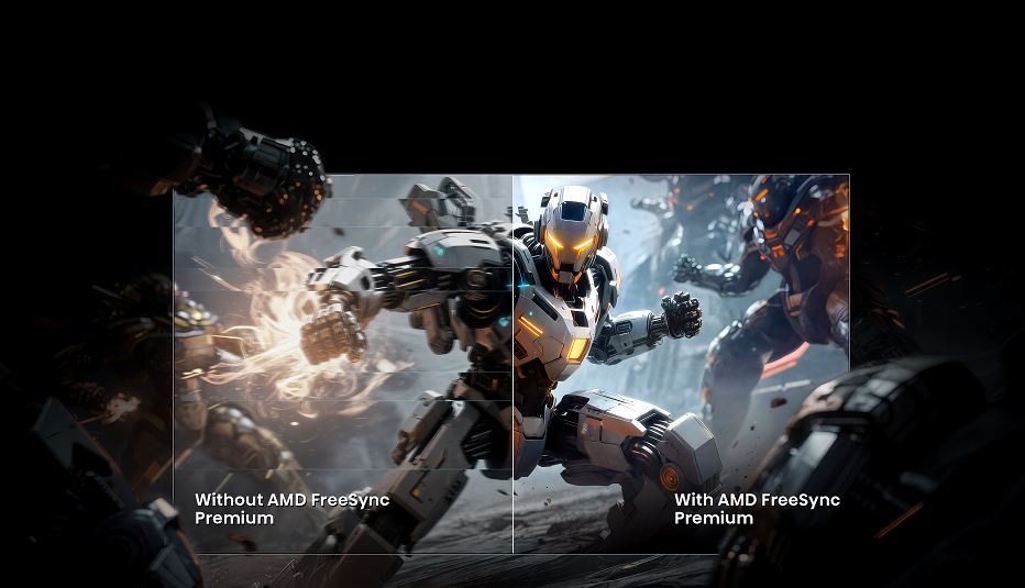Zobrazenie herného režimu na televízii Hisense. Sú vidieť detaily robota a plynulý obraz vďaka AMD FreeSync Premium.