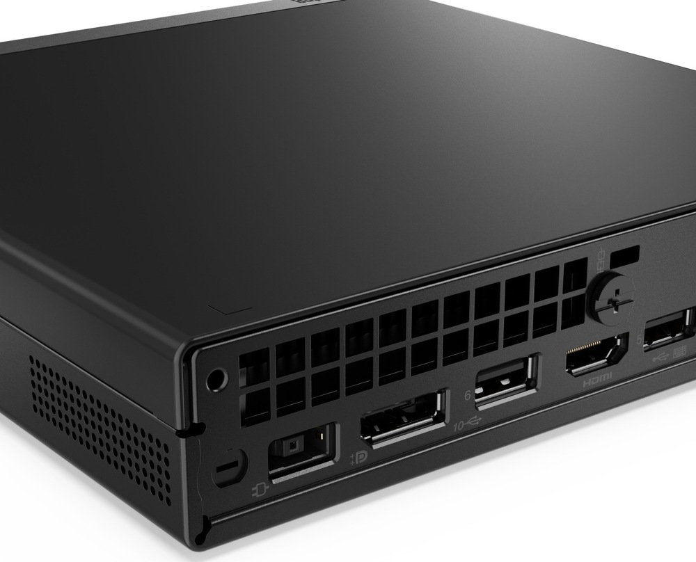 PC mini Lenovo ThinkCentre neo 50q Gen 5 čierny Detail portov a odvetrávania na mini PC Lenovo ThinkCentre neo 50q Gen 5″ width=
