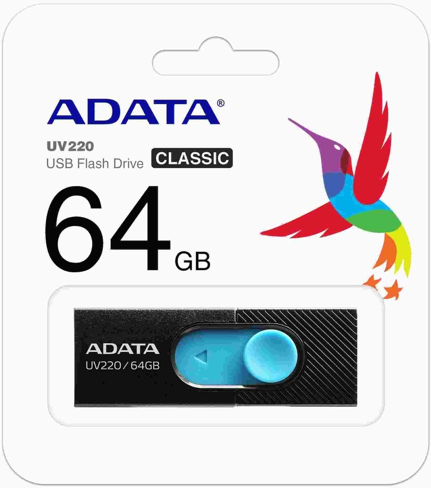 USB flashdisk ADATA Dash Drive UV220 64GB čierny/modrý Balenie obsahujúce USB flash disk ADATA Dash Drive UV220 s veľkou kapacitou
