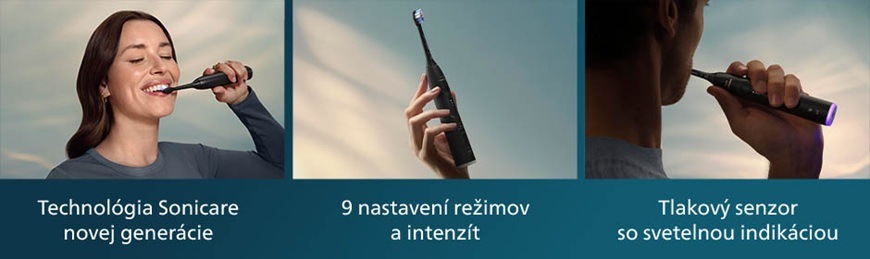 Koláž funkcií elektrickej zubnej kefky Philips Sonicare 6500 HX7411/10 zobrazujúca čistenie zubov, dizajn kefky, viac režimov a tlakový senzor so svetelnou indikáciou.