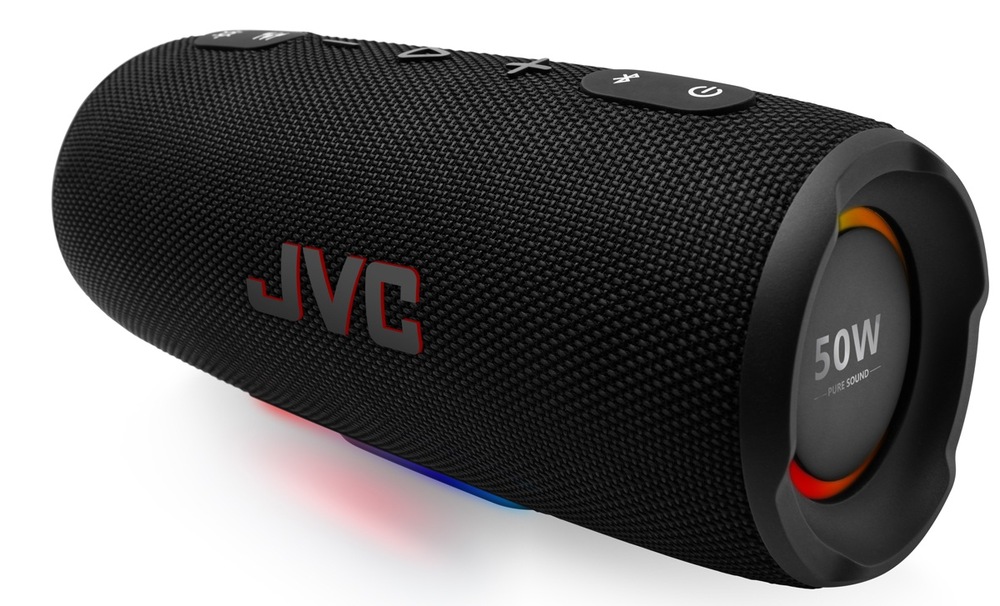 Čierny prenosný Bluetooth reproduktor JVC XS-E425B s LED podsvietením na bielom podklade