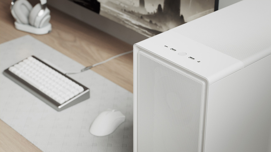 Case FRACTAL DESIGN Epoch White TG RGB Clear Tint biela Detail hornej časti počítačovej skrine s predným panelom a hornými USB portami