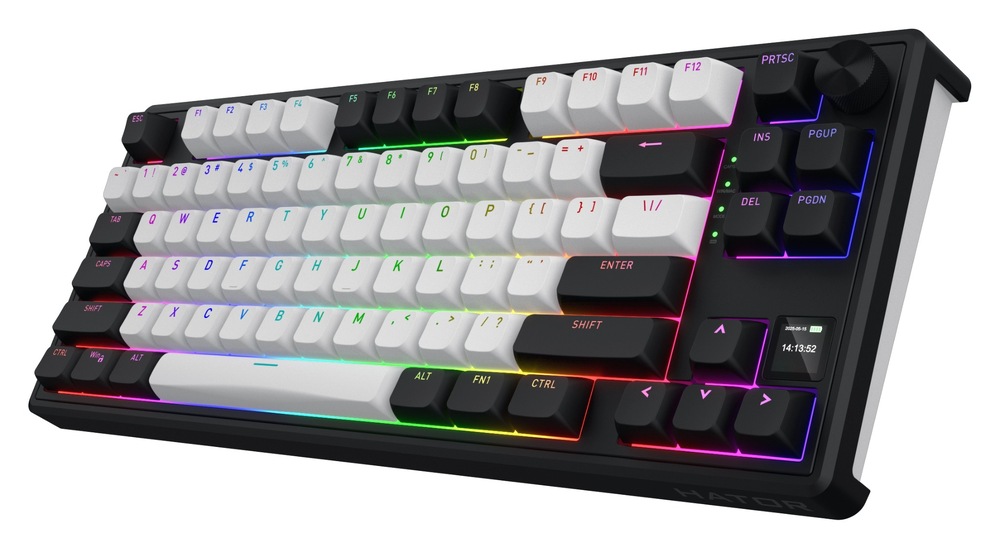 Klávesnica HATOR Skyfall 80 MAG ULTIMA 8K Wireless, US layout čierna/biela HATOR Skyfall 80 MAG Ultima 8K Wireless s RGB klávesmi, radom F1–F12, TFT displejom a kolieskom