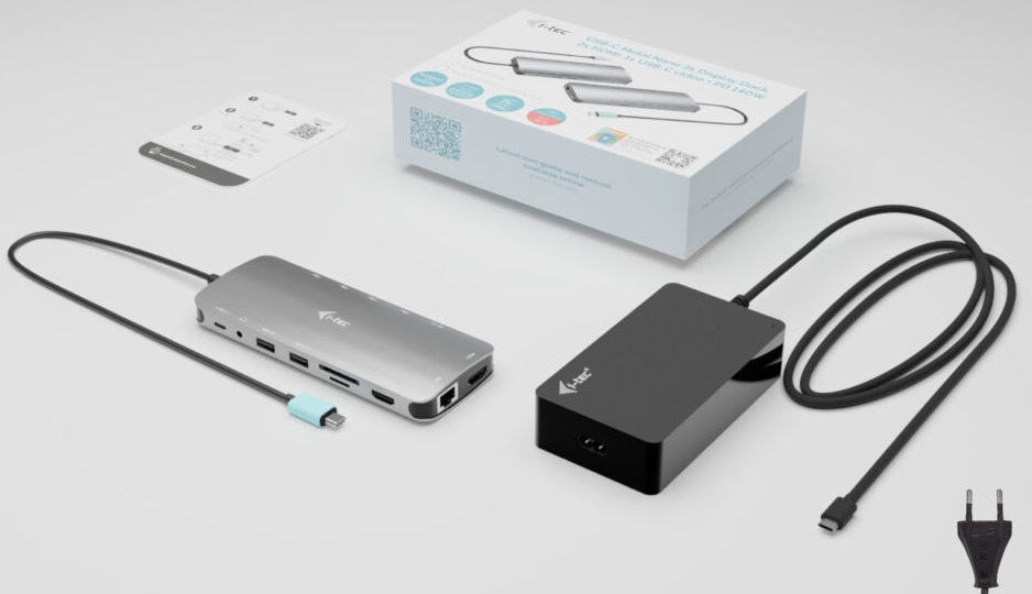 Dokovacia stanica i-tec USB-C Metal Nano 3x Display, 2x HDMI 1x USB-C video, PD 140W + Universal Charger 140 W strieborná farba Dokovacia stanica i‑tec s USB‑C káblom, 140W nabíjačkou, napájacími káblami, krabicou a návodom.