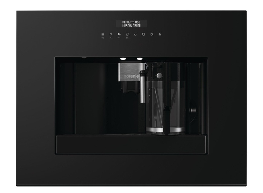 Na obrázku je predný pohľad na vstavaný automatický kávovar Gorenje CM4G8BG v čiernom prevedení