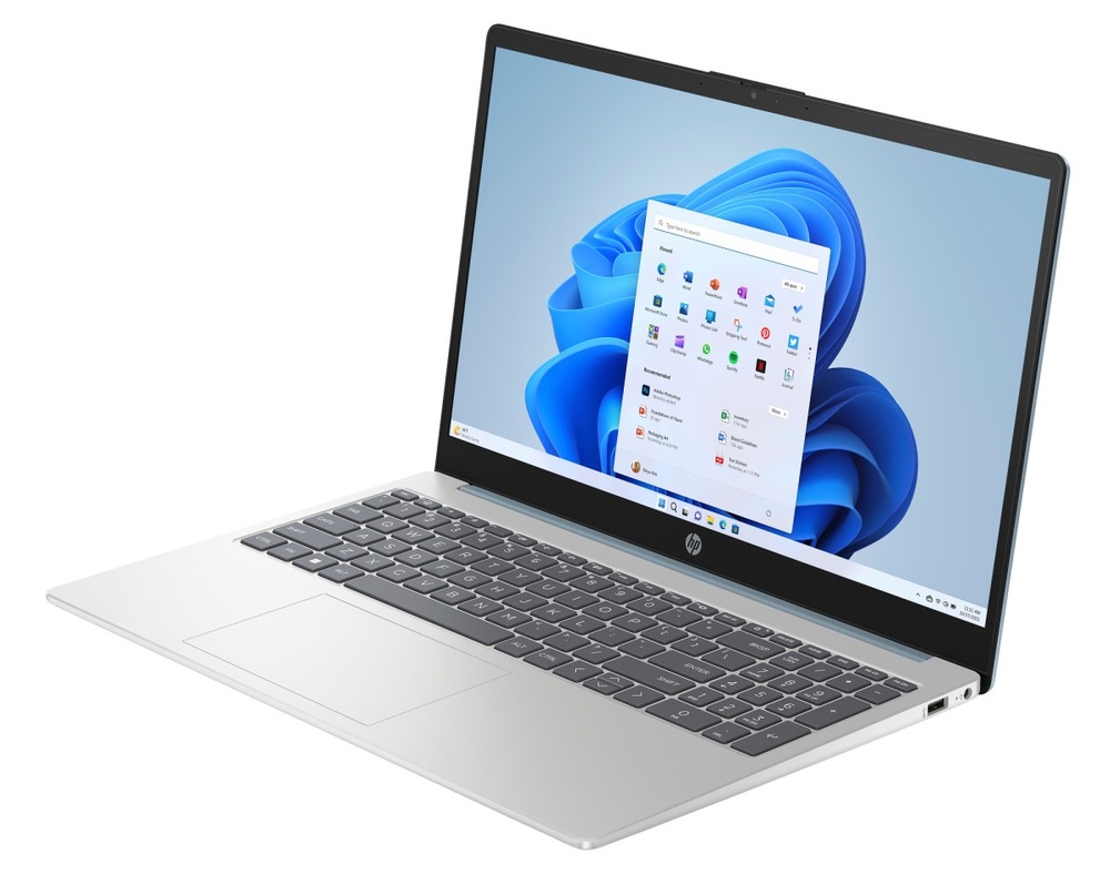 Notebook HP 15-fd1600nc otvorený, zapnutý a otočený doľava