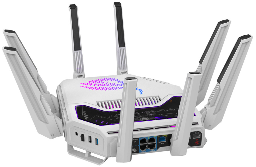 Router Asus ROG Rapture GT-BE19000AI biely Šikmý zadný pohľad na herný router ASUS ROG Rapture GT-BE19000AI s ôsmimi anténami
