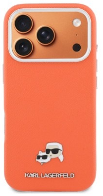 Kryt na mobil Karl Lagerfeld PU Karl and Choupette Heads Pins MagSafe na Apple iPhone 17 Pro - oranžový