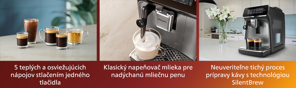 5 rôznych nápojov a napeňovač mlieka automatického kávovaru Philips EP3329/70 3300 Series
