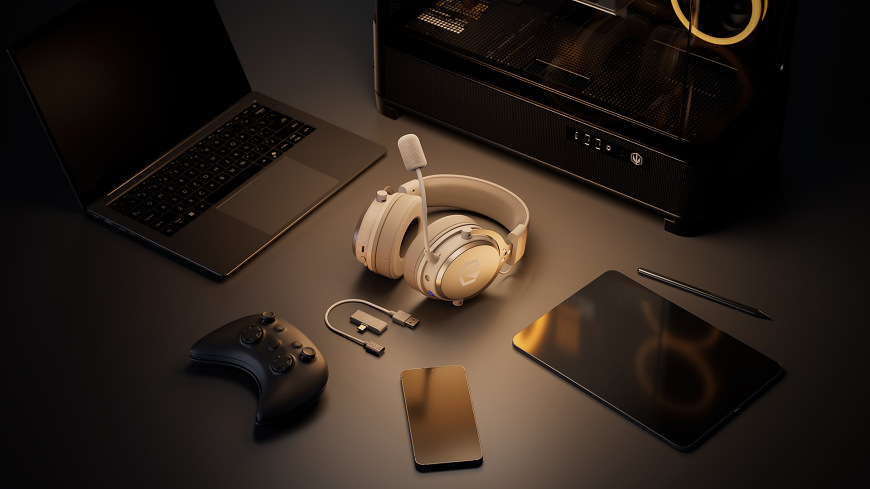 Headset ENDORFY VIRO Wireless Onyx White biely ENDORFY VIRO Wireless s bezdrôtovým príslušenstvom položený medzi notebookom, tabletom, telefónom a herným ovládačom