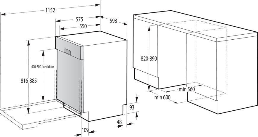 Umývačka riadu Gorenje G600 GI673B90X Nákres s rozmermi vstavanej umývačky Gorenje GI673B90X pre zabudovanie.