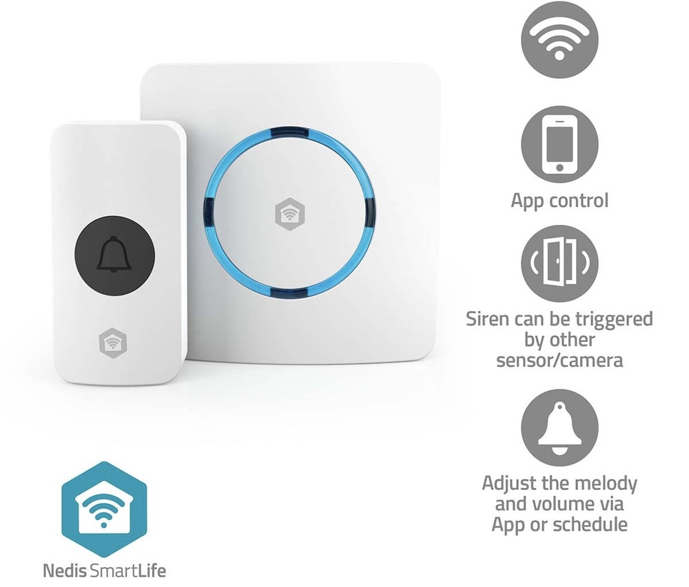 Zvonček bezdrôtový Nedis SmartLife, Wi-Fi biely Zvonček Nedis ponúka funkciu chytrej sirény