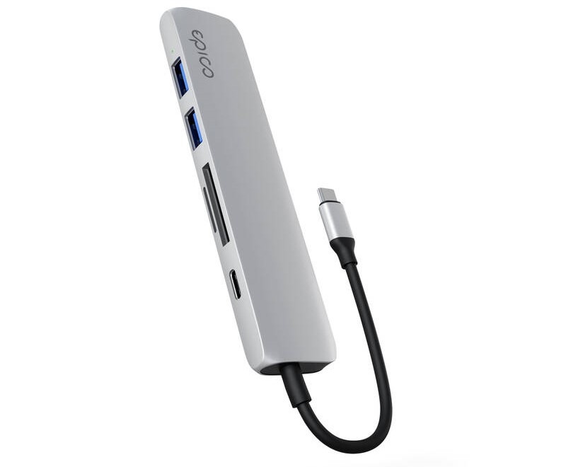 USB Hub Epico 6in1 Slim 8K USB-C/1×USB-C, HDMI, 3× USB 3.0 - strieborný