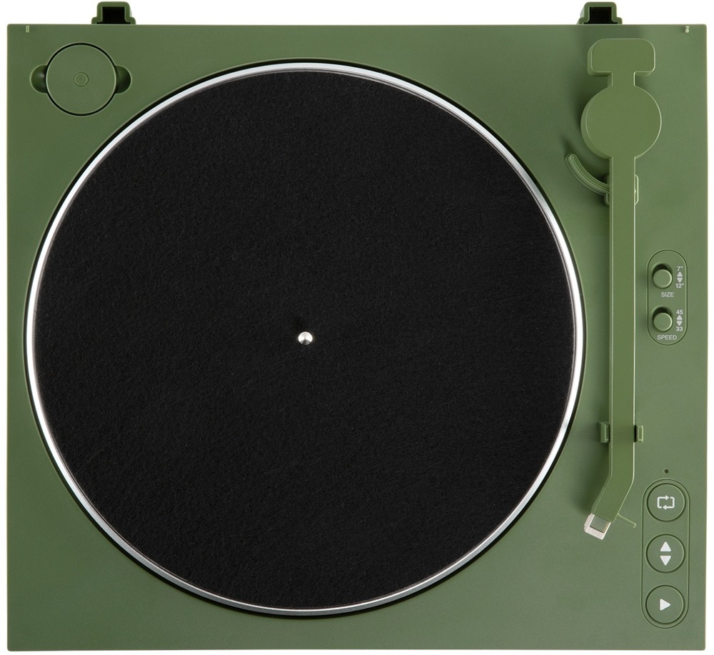 Gramofón Victrola VPT-800-GRN-INT sa zhora s viditeľnou vinylovou doskou