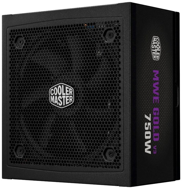 Na obrázku je čierny napájací zdroj Cooler Master. Na prednej strane má veľký chladiaci ventilátor krytý kovovou mriežkou a zboku nápis MWE Gold 550 V3. Zdroj pôsobí jednoducho, robustne a je určený pre bežné až výkonnejšie počítačové zostavy.